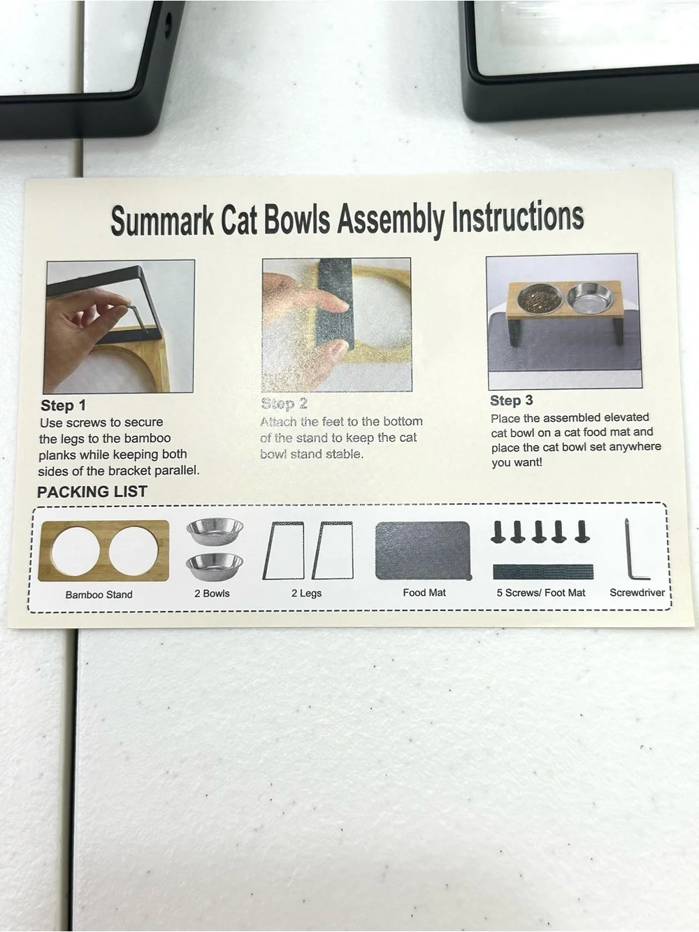 Elevated bamboo cat bowls w/food mat anti vomiting raised cat dishes